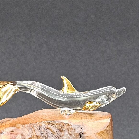 Raw Natural Wood Clear Glass Dolphin Figurine GoldTone Tip Finish 1.5" VTG Décor - Picture 4 of 16